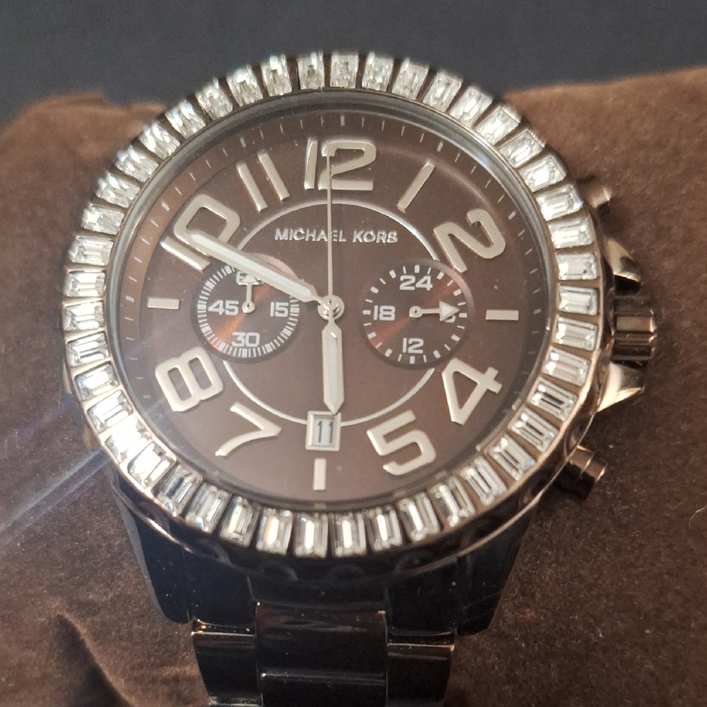 Michael Kors Silver and Brown Watch with Crystal Bezel